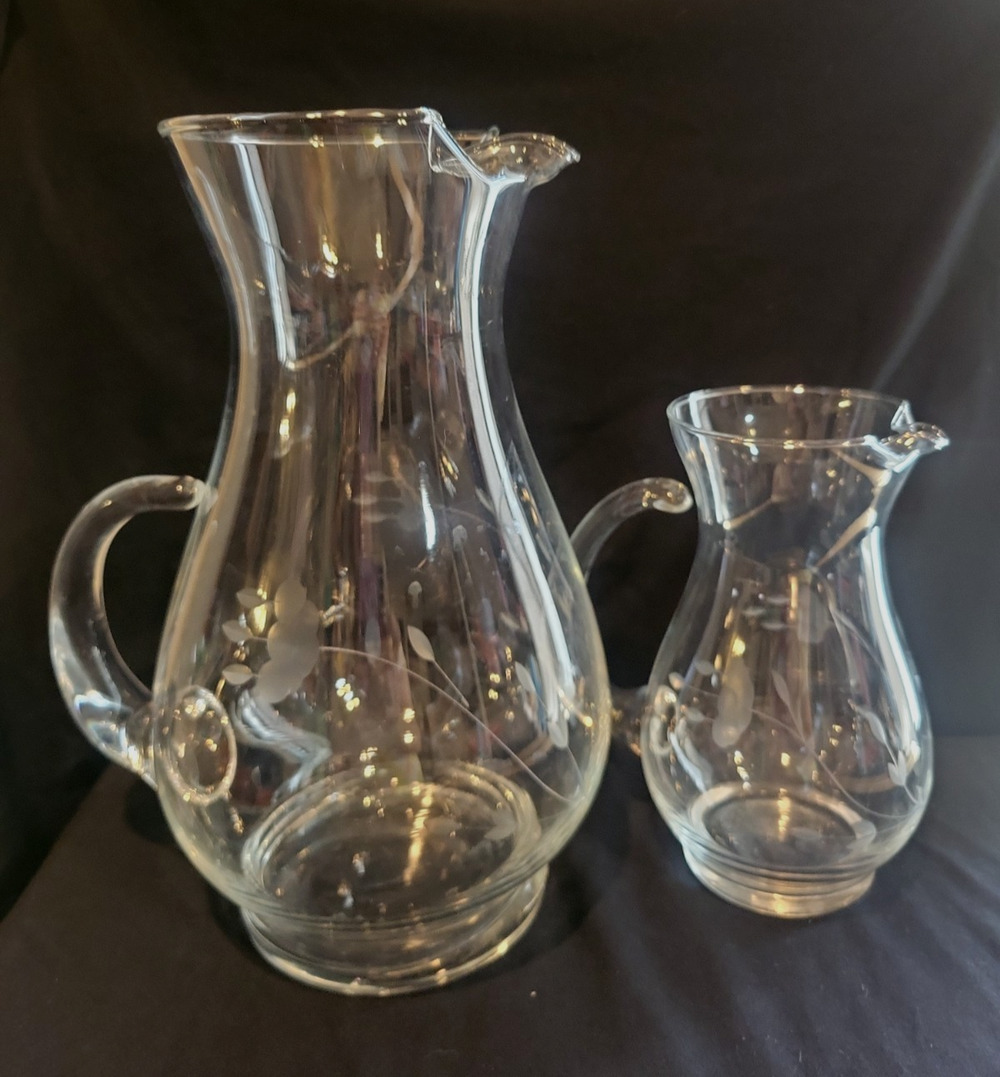 Set of 2 Princess House Heritage Crystal 6 & 10” Pitchers applied handle ice lip